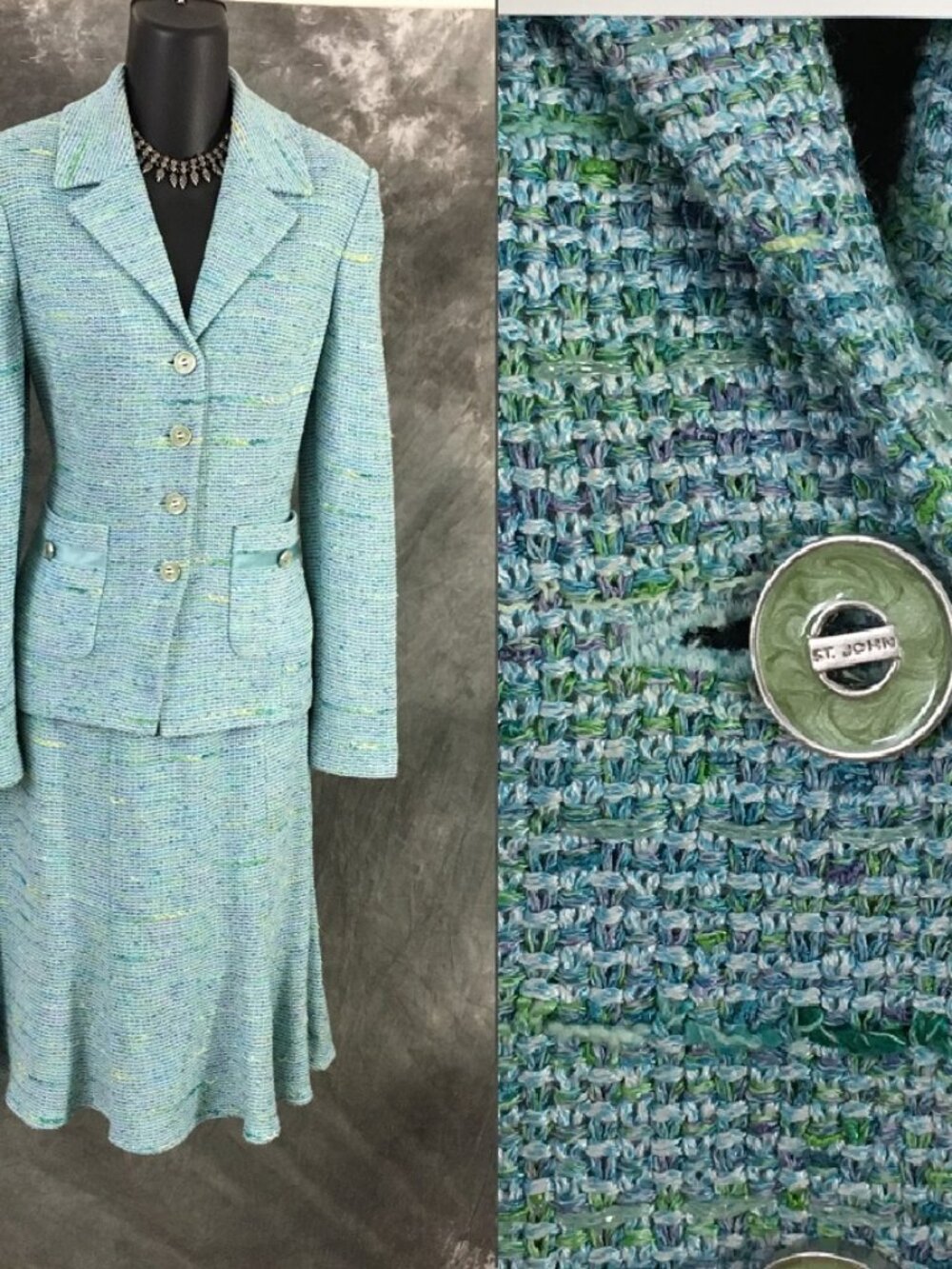 BEAUTIFUL st john collection knit blue multi jacket skirt suit size 6